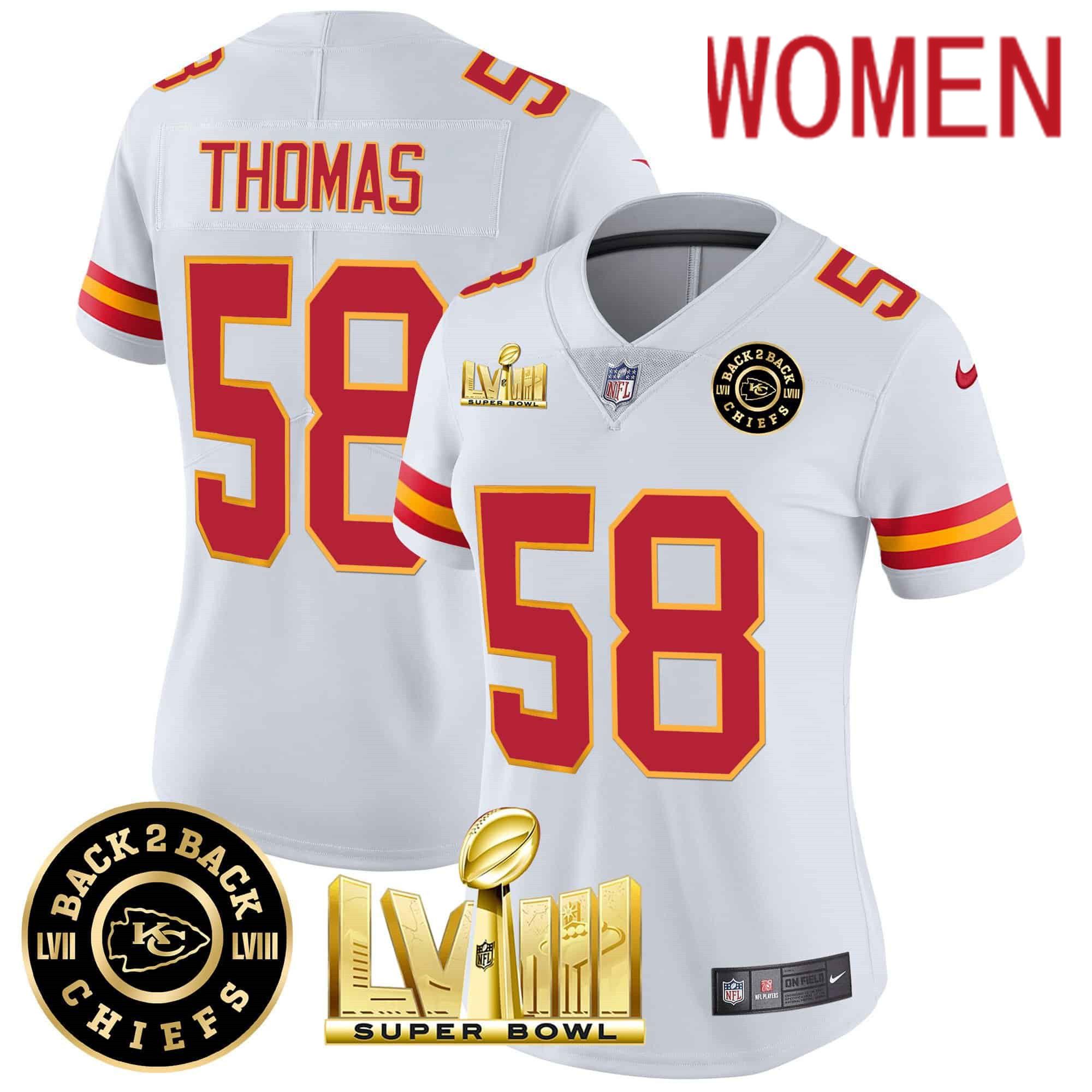 Women Kansas City Chiefs #58 Thomas White 2024 Nike Super Bowl LVIII & Back-2-Back Patch Vapor NFL Jersey->women nfl jersey->Women Jersey